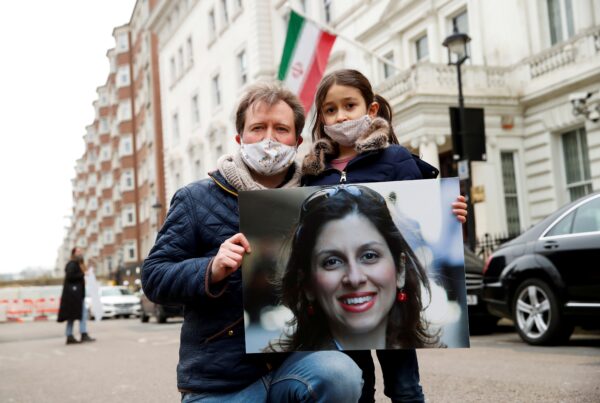 Ichard Ratcliff protests outside the Iranian embassy in London