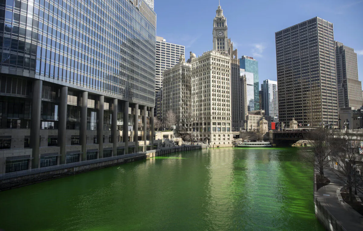 The Chicago River was dyed green ahead of St. Patrick's Day in Chicago, Ill., on March 13, 2021. (Pat Nabong/Chicago Sun-Times via AP)