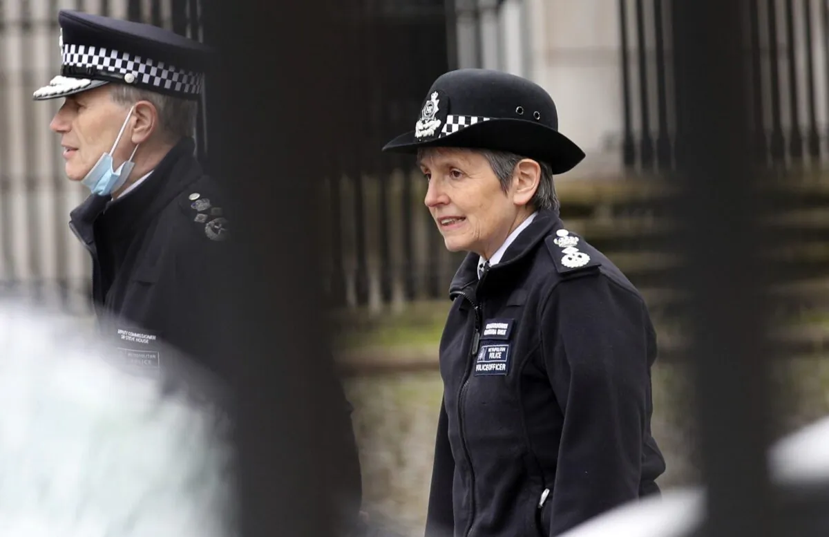 Metropolitan Police Commissioner Cressida Dick arrives at New Scotland Yard in London, on March 14, 2021. (Yui Mok/PA via AP)
