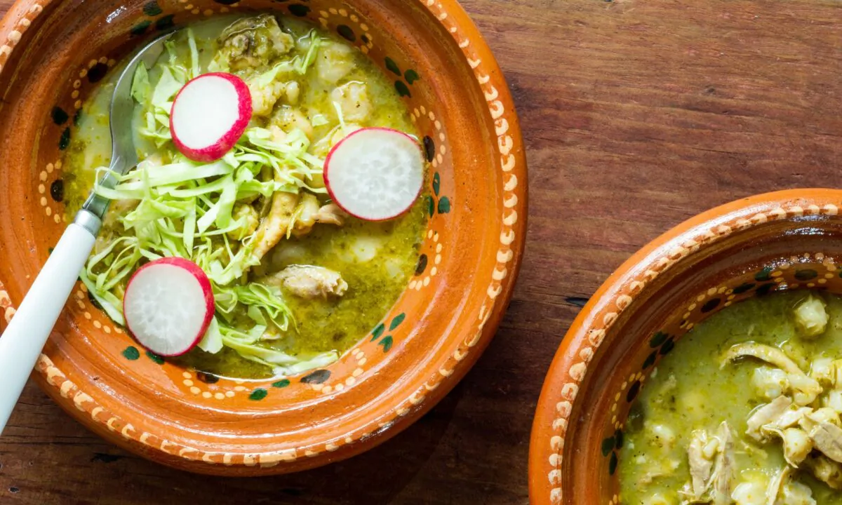 Using store-bought salsa verde and canned hominy helps make this take on pozole seriously simple to put together. (Robert Briggs/shutterstock)
