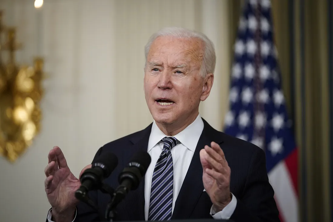 President Joe Biden delivers remarks in the State Dining Room of the White House in Washington on March 15, 2021. (Drew Angerer/Getty Images)