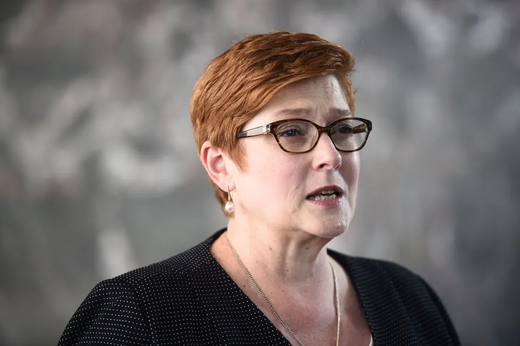 Australian Foreign Minister and Minister for women Marise Payne speaks to the press. (Lillian Suwanrumpha/AFP via Getty Images)