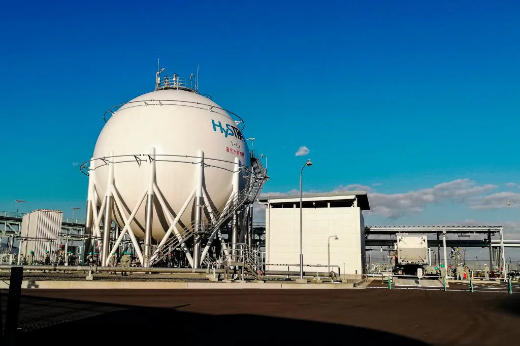 A 2,500 cubic-meter tank containing liquid hydrogen at Kobe Port Island plant in Kobe, Japan on Oct. 26, 2020. The special shipping terminal has been built in order to import liquid hydrogen from Australia. (Etienne Balmer/AFP via Getty Images)