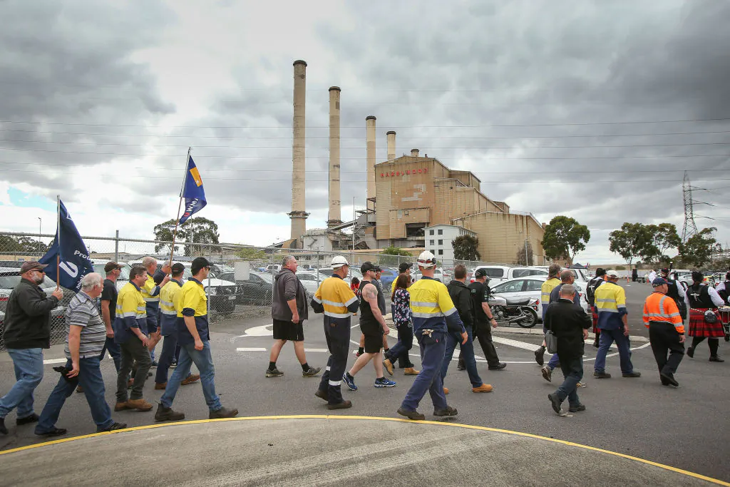 Workers leave Hazelwood Power Station after their final shift in Hazelwood, Australia on Mar. 31, 2017. (Scott Barbour/Getty Images)