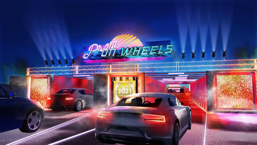 A drive-thru prom experience will feature an arrival through a glowing 120-foot red-carpet tunnel, followed by interactive theme sets with audio show elements synced with lights, performances, shadow dancers, and special effects. (Courtesy of First Class Events)