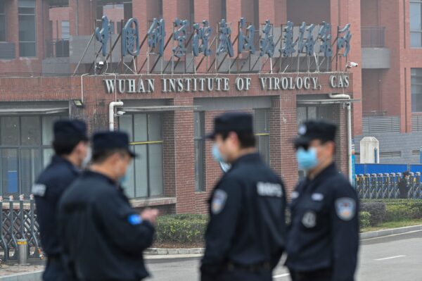 guard outside the Wuhan Institute of Virology