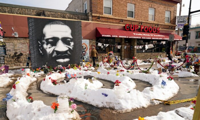 A mural of George Floyd is seen in George Floyd Square in Minneapolis, Minn., on Feb. 8, 2021. (Jim Mone/AP Photo)