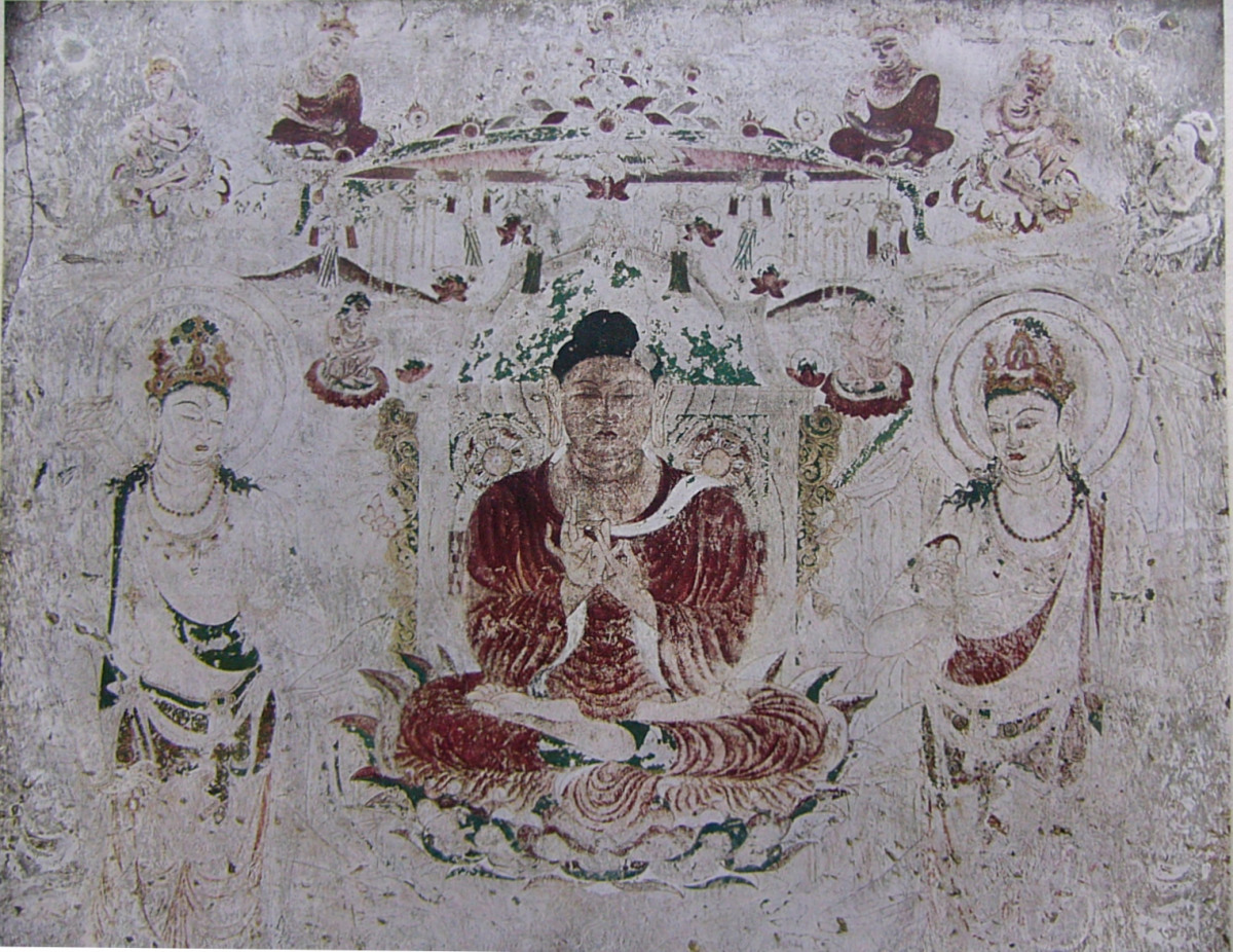 The Golden Hall (Kondo) of Horyuji Temple was once adorned with Buddhist murals similar in style to those of the Ajanta caves in India and Dunhuang caves in China. In 1949, a fire damaged a substantial number of the Horyuji murals. In this photograph, taken before the fire, a seventh-century mural shows Buddha Amitabha’s paradise. (Public Domain)