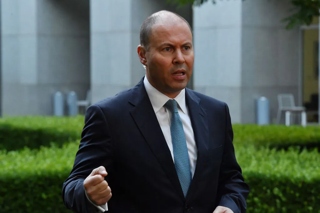 Treasurer Josh Frydenberg during a television live cross at Parliament House on March 16, 2021, in Canberra, Australia. (Sam Mooy/Getty Images)