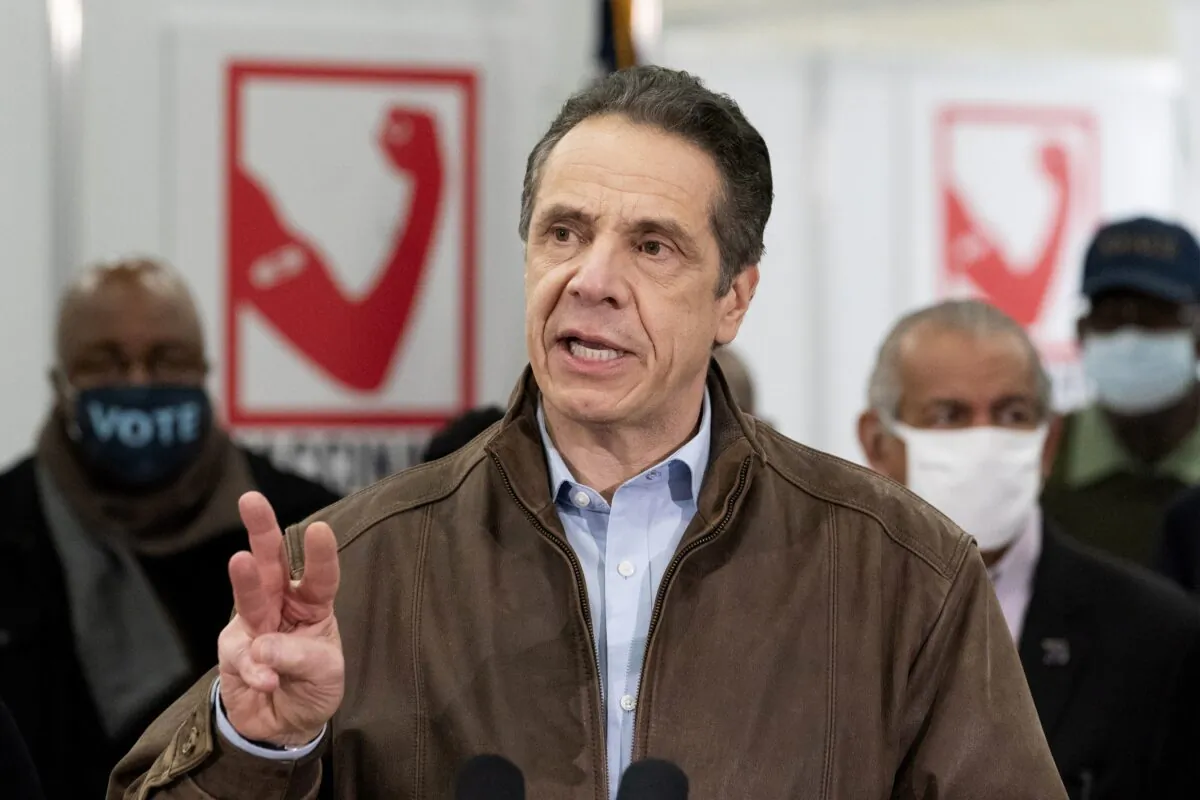 New York Gov. Andrew Cuomo speaks during a visit to a COVID-19 vaccination site at State University of New York in Old Westbury, N.Y., on March 15, 2021. (Mark Lennihan/Pool/Getty Images