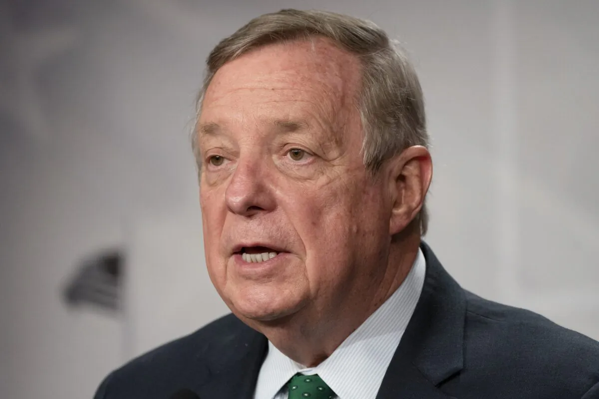 Sen. Dick Durbin (D-Ill.) speaks to the media on Capitol Hill in Washington on March 2, 2021. (Jacquelyn Martin/AP Photo)