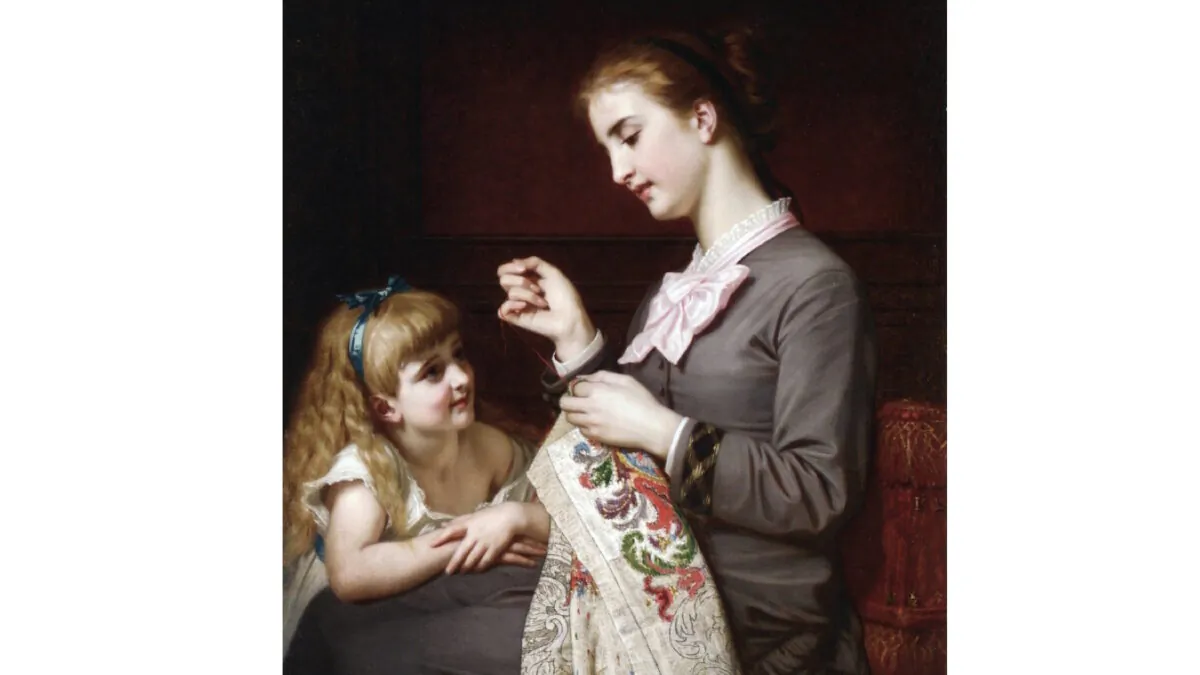 Detail, "The Embroidery Lesson" by Hugues Merle. (Public domain)
