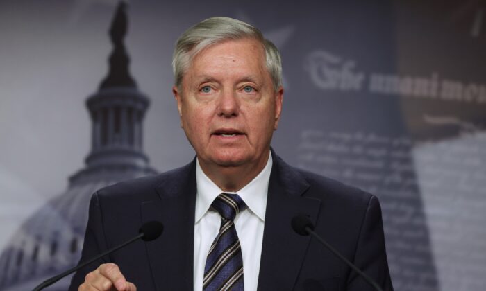 Sen. Lindsey Graham (R-S.C.) speaks to reporters on Capitol Hill in Washington on March 5, 2021. (Alex Wong/Getty Images)