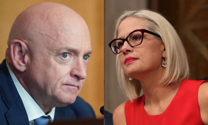 Sens. Mark Kelly (D-Ariz.) and Kyrsten Sinema (D-Ariz.) are seen in Washington in file photographs. (Getty Images)
