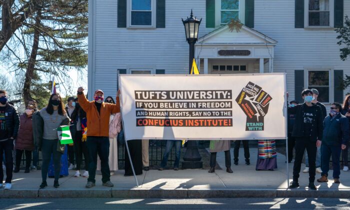 A human rights group urges Tufts University to close its Confucius Institute in Somerville, Massachusetts on March 13, 2021. (Learner Liu/The Epoch Times)