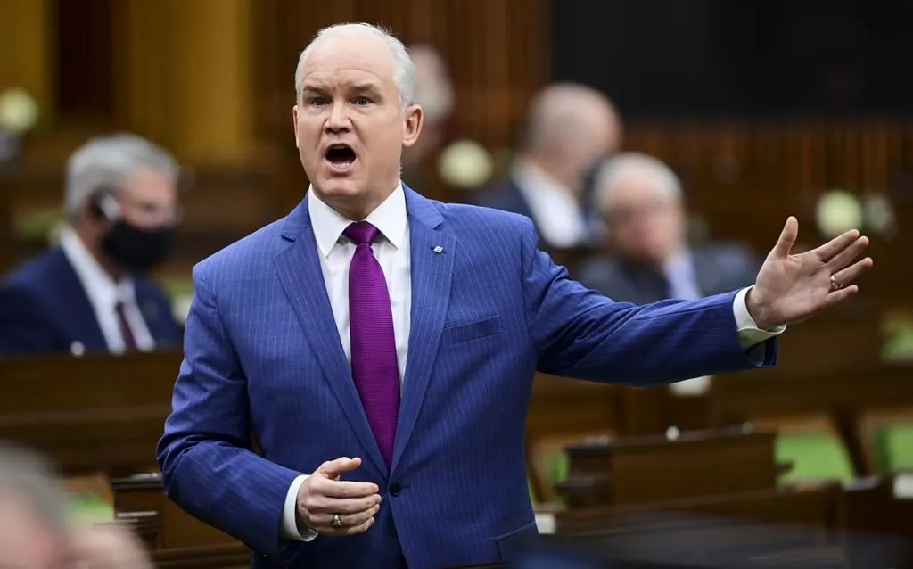 Conservative Leader Erin O'Toole rises during question period in the House of Commons on Parliament Hill, in Ottawa, on March 11, 2021. O'Toole says his government wouldn't cut foreign aid funding. (Sean Kilpatrick/The Canadian Press)