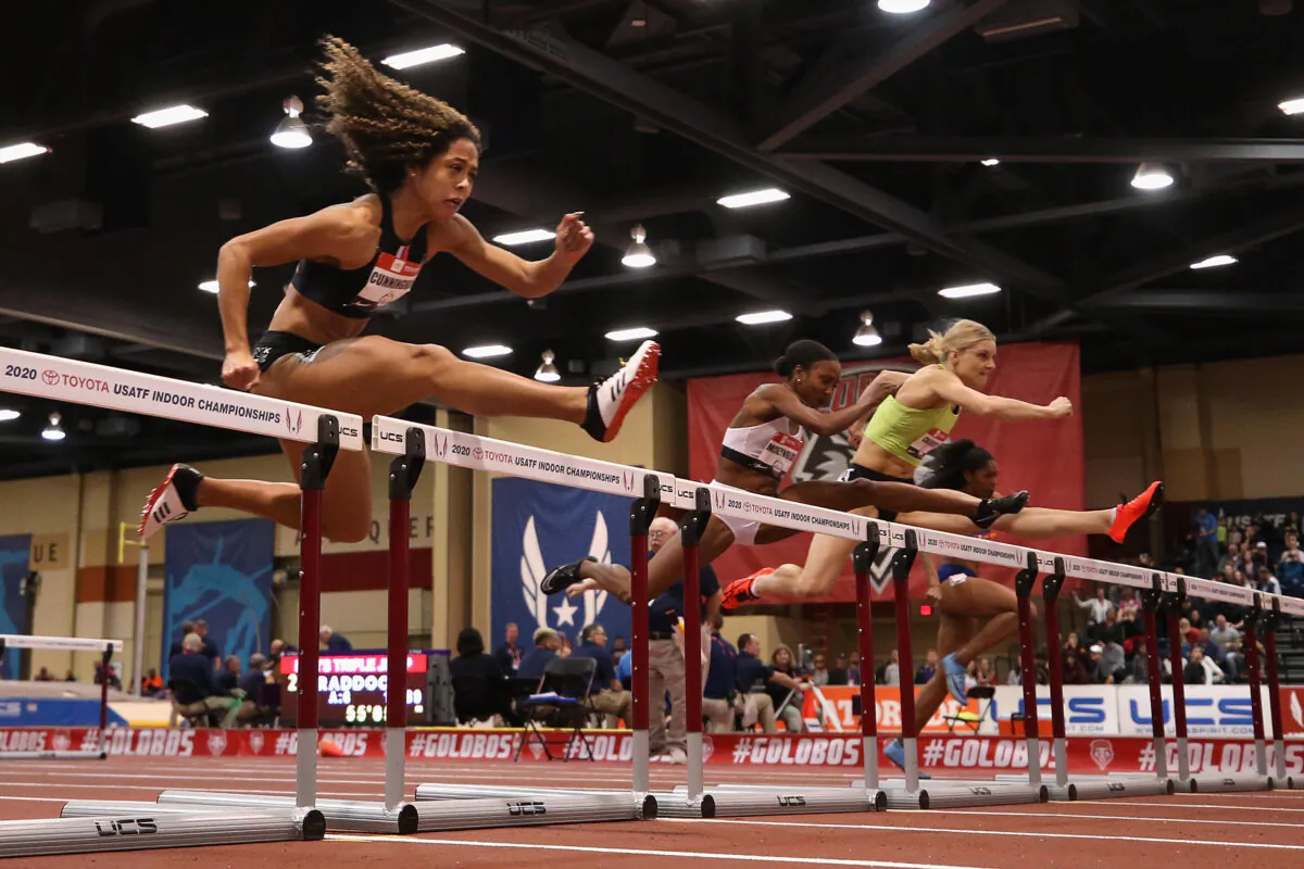 Women compete in the Women's 60 Meter Hurdles final during the 2020 Toyota USATF Indoor Championships at Albuquerque Convention Center in Albuquerque, New Mexico on Feb. 15, 2020. (Christian Petersen/Getty Images)