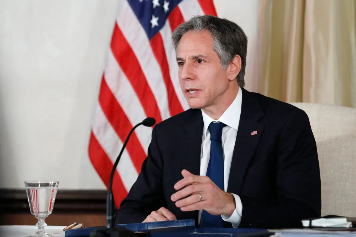 Secretary of State Antony Blinken attends a virtual women's entrepreneur roundtable at the U.S. ambassador's residence in Tokyo on March 16, 2021. (Kim Kyung-Hoon/POOL/AFP via Getty Images)