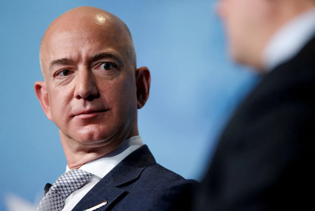 Jeff Bezos, founder and CEO of Amazon, speaks during an address to attendees at Access Intelligence's SATELLITE 2017 conference in Washington on March 7, 2017. (Joshua Roberts/Reuters)