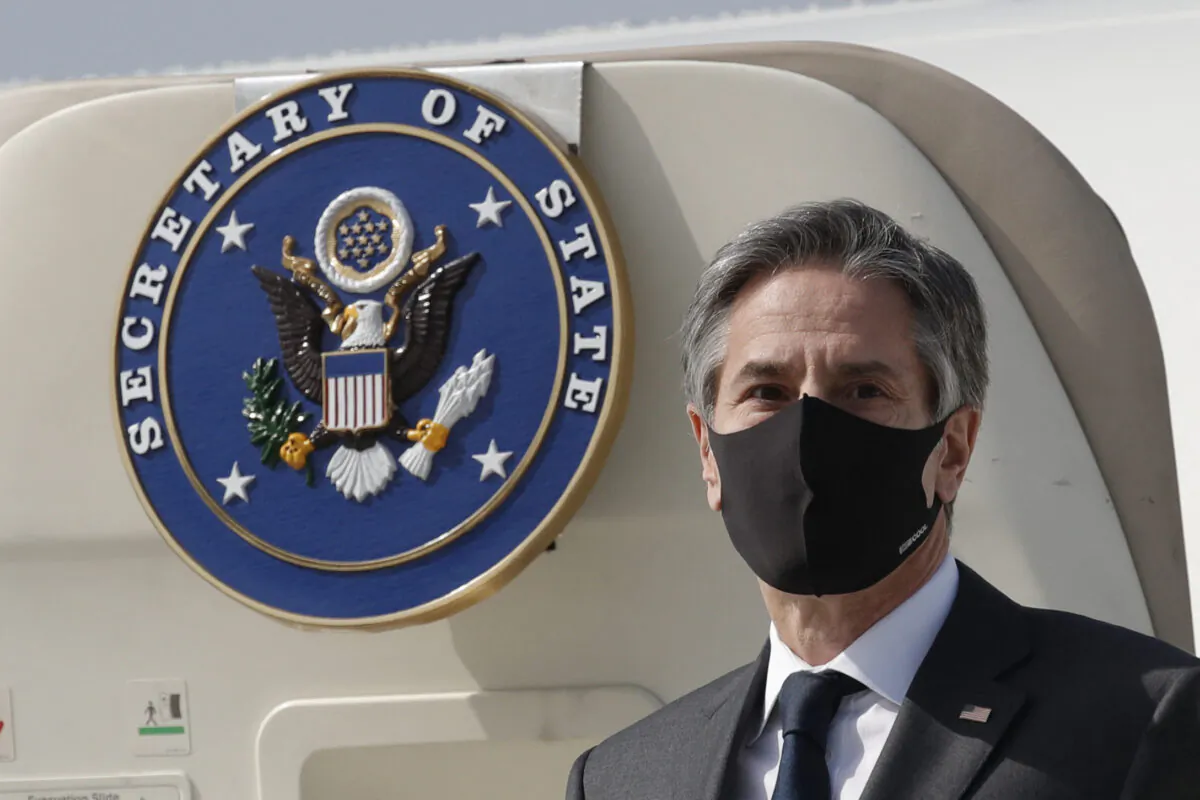 U.S. Secretary of State Antony Blinken arrives for a two-day visit with U.S. Secretary of Defense Lloyd Austin (not pictured) to discuss major challenges in the region, at Osan Air Base in Pyeongtaek, South Korea, on March 17, 2021. (Lee Jin-man/Pool/AFP via Getty Images)