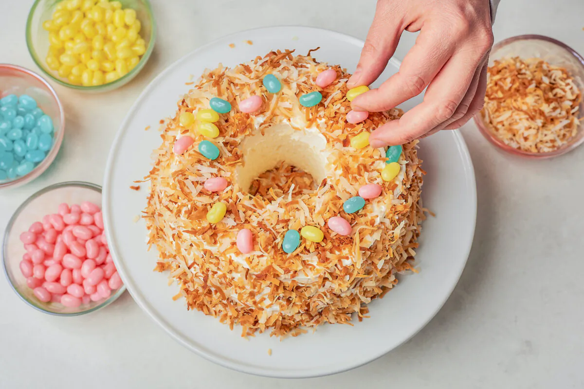 Coconut and jellybeans turn this simple cake into a festive bird's nest. (Joe Lingeman/TNS)