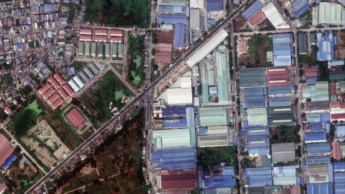 Global Fashion Garment Factory, a Chinese-owned supplier to the fashion retailer C&A, in Yangon, Burma, on March 9, 2021. (©2021 Maxar Technologies via AP)