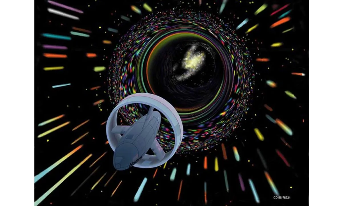 Wormhole travel as envisioned by Les Bossinas for NASA. (Les Bossinas (Cortez III Service Corp.), Public domain, via Wikimedia Commons)