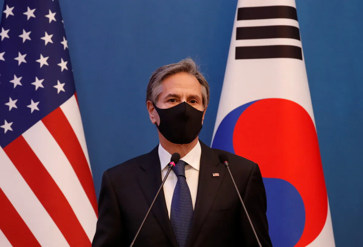U.S. Secretary of State Antony Blinken speaks during a joint news conference after the Foreign and Defense Ministerial meeting between South Korea and the U.S. at the Foreign Ministry in Seoul, South Korea, on March 18, 2021. (Lee Jin-man/Pool via Reuters)