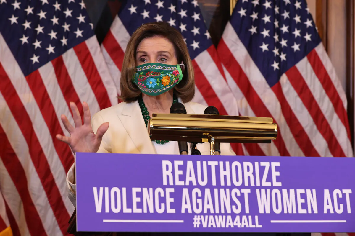 House Speaker Nancy Pelosi (D-Calif.) speaks during a news conference about the renewal of the Violence Against Women Act in the Rayburn Room at the U.S. Capitol in Washington, on March 17, 2021. (Chip Somodevilla/Getty Images)