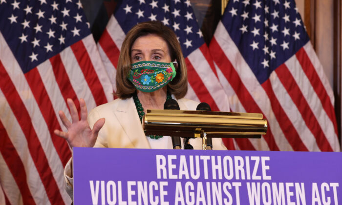 House Speaker Nancy Pelosi (D-Calif.) speaks during a news conference about the renewal of the Violence Against Women Act in the Rayburn Room at the U.S. Capitol in Washington, on March 17, 2021. (Chip Somodevilla/Getty Images)