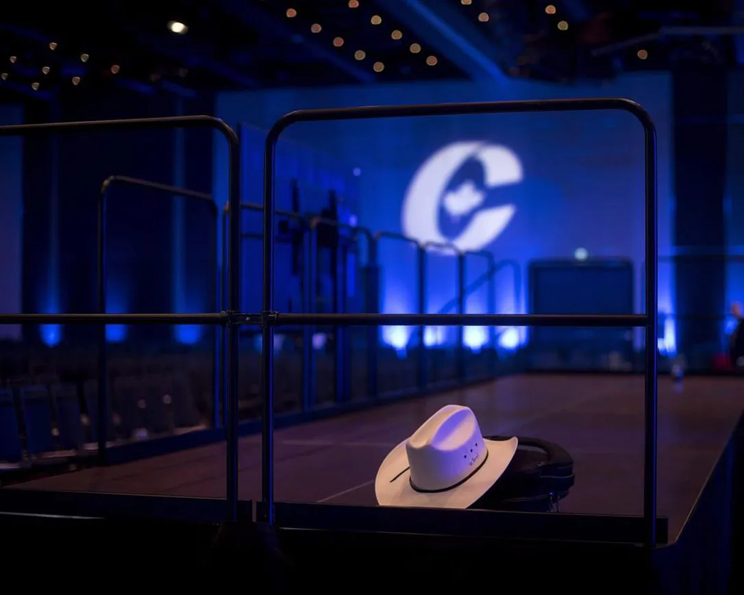 A cowboy hat is left inside an empty ballroom at the Conservative national convention in Halifax on Aug. 25, 2018. Card-carrying federal Conservatives are heading into day two of a virtual convention aimed at getting the party ready for the next election. (Darren Calabrese/The Canadian Press) 