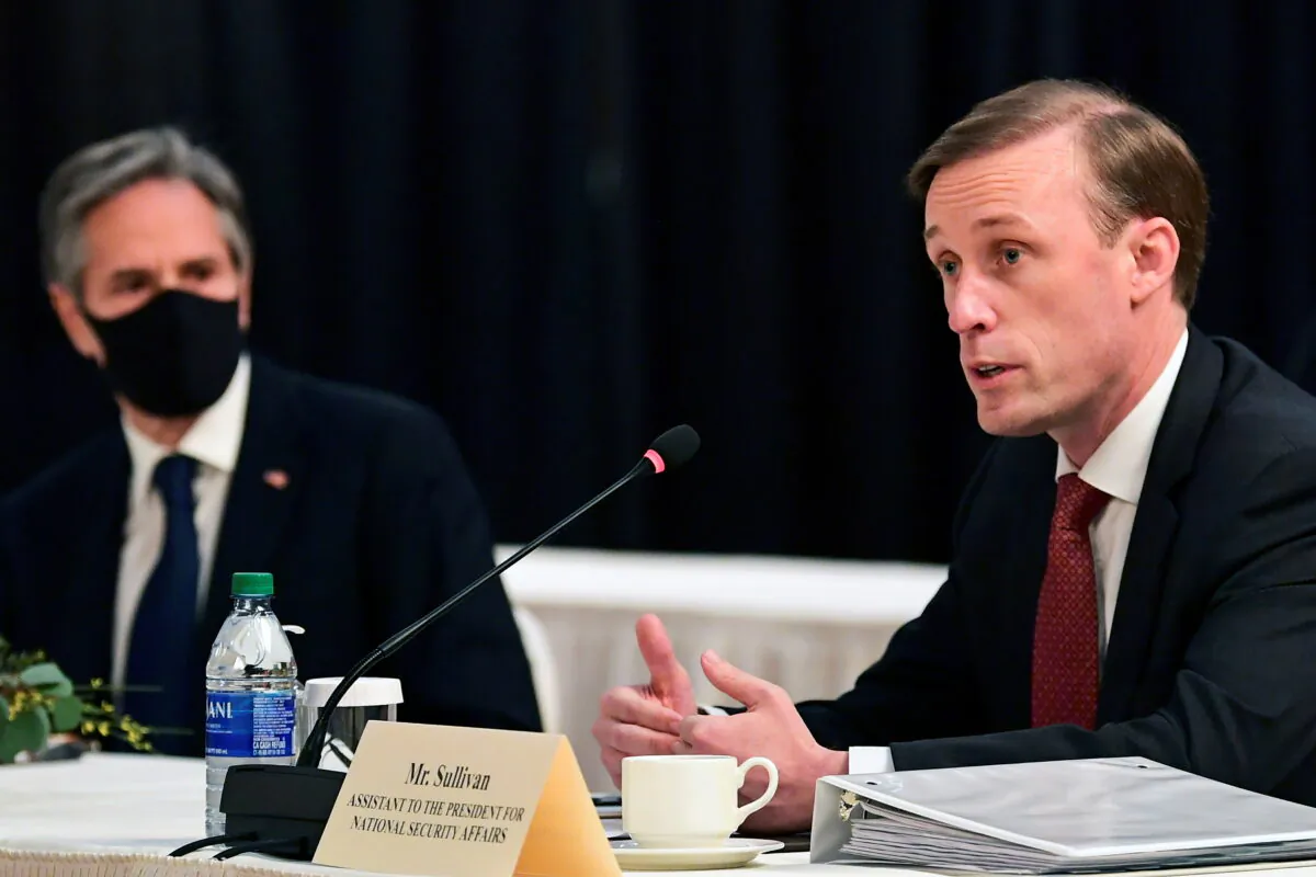 U.S. National Security Advisor Jake Sullivan (R) speaks as U.S. Secretary of State Antony Blinken looks on, at the opening session of U.S.-China talks at the Captain Cook Hotel in Anchorage, Alaska, on March 18, 2021. (Frederic J. Brown/Pool via Reuters)