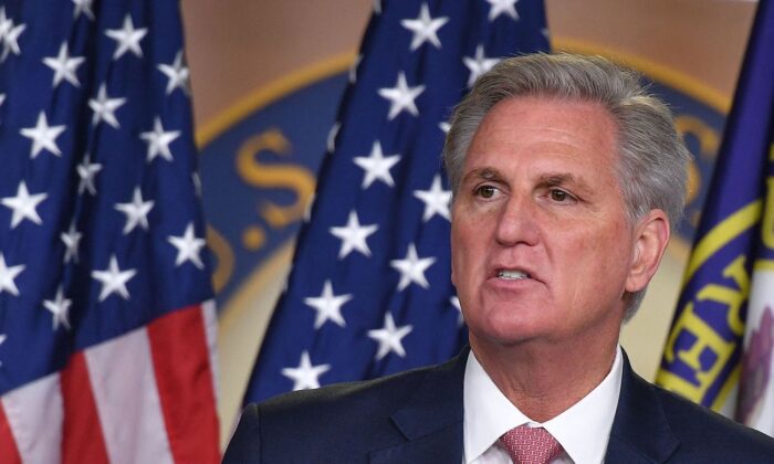 House Republican Leader Kevin McCarthy (R-Calif.) speaks during his weekly press briefing on Capitol Hill in Washington on March 18, 2021. (Mandel Ngan/AFP via Getty Images)