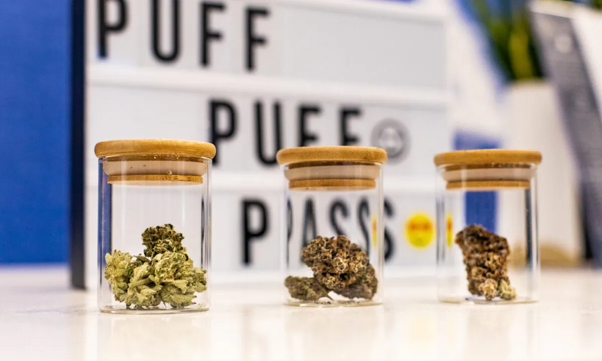 Vials of marijuana for sale at a dispensary in Santa Ana, Calif., on Feb. 18, 2021. (John Fredricks/The Epoch Times)