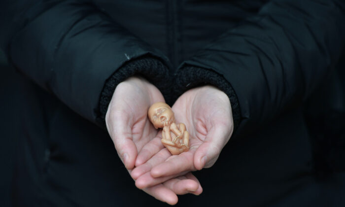 A pro-life campaigner displays a plastic doll representing a 12-week-old fetus as she stands outside the Marie Stopes Clinic in Belfast, Northern Ireland on April 7, 2016. (Charles McQuillan/Getty Images)