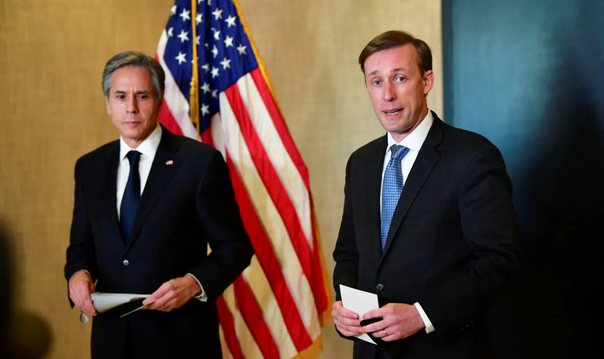 U.S. Secretary of State Antony Blinken (L) and National Security Advisor Jake Sullivan address the media following the closed-door morning talks between the United States and China upon conclusion of their two-day meetings in Anchorage, Alaska, on March 19, 2021. (Frederic J. Brown/Pool via Reuters)