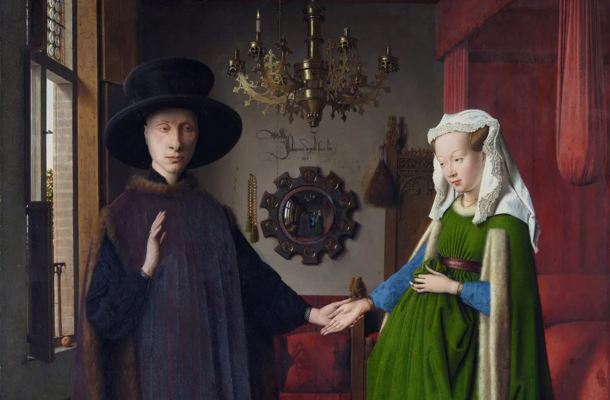 A detail from “The Arnolfini Portrait,” 1434, by Jan van Eyck. Oil on oak panel of 3 vertical boards; 32.4 inches by 23.6 inches. National Gallery, London. (Public Domain)
