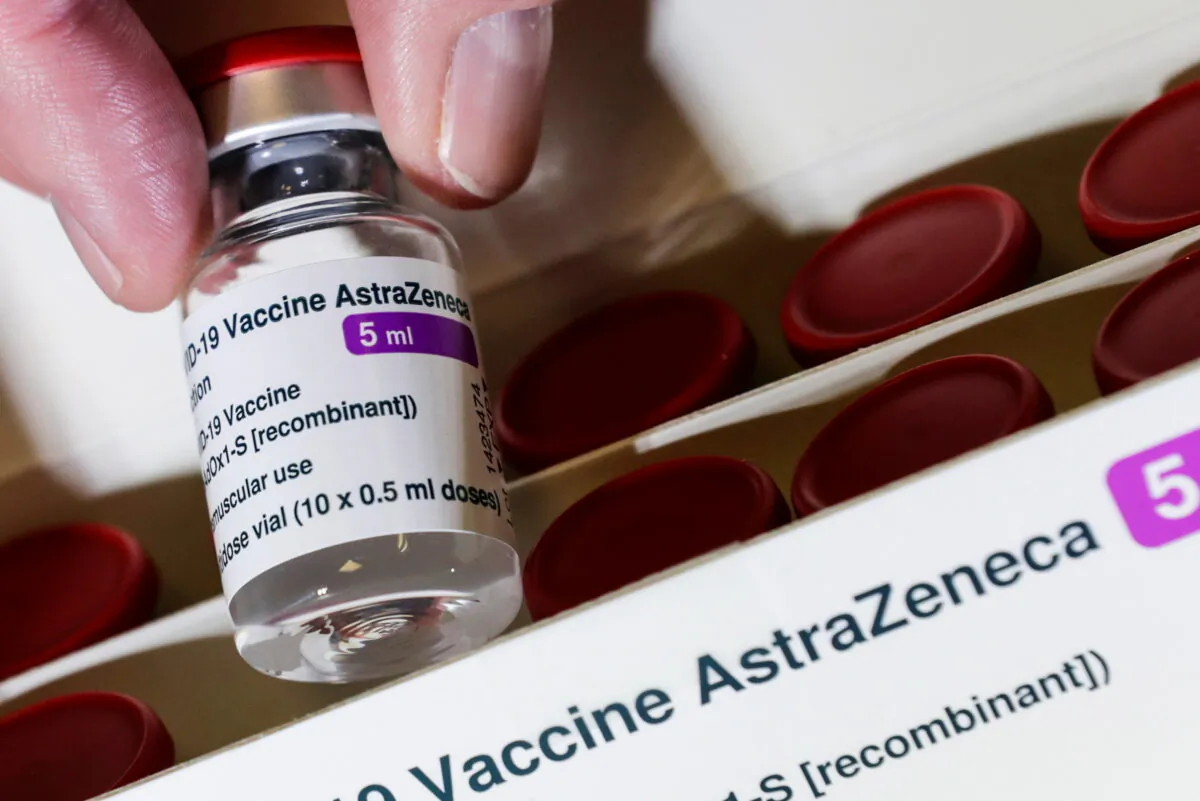 A vial with AstraZeneca's CCP virus vaccine in Berlin on March 16, 2021. (Hannibal Hanschke/Reuters)