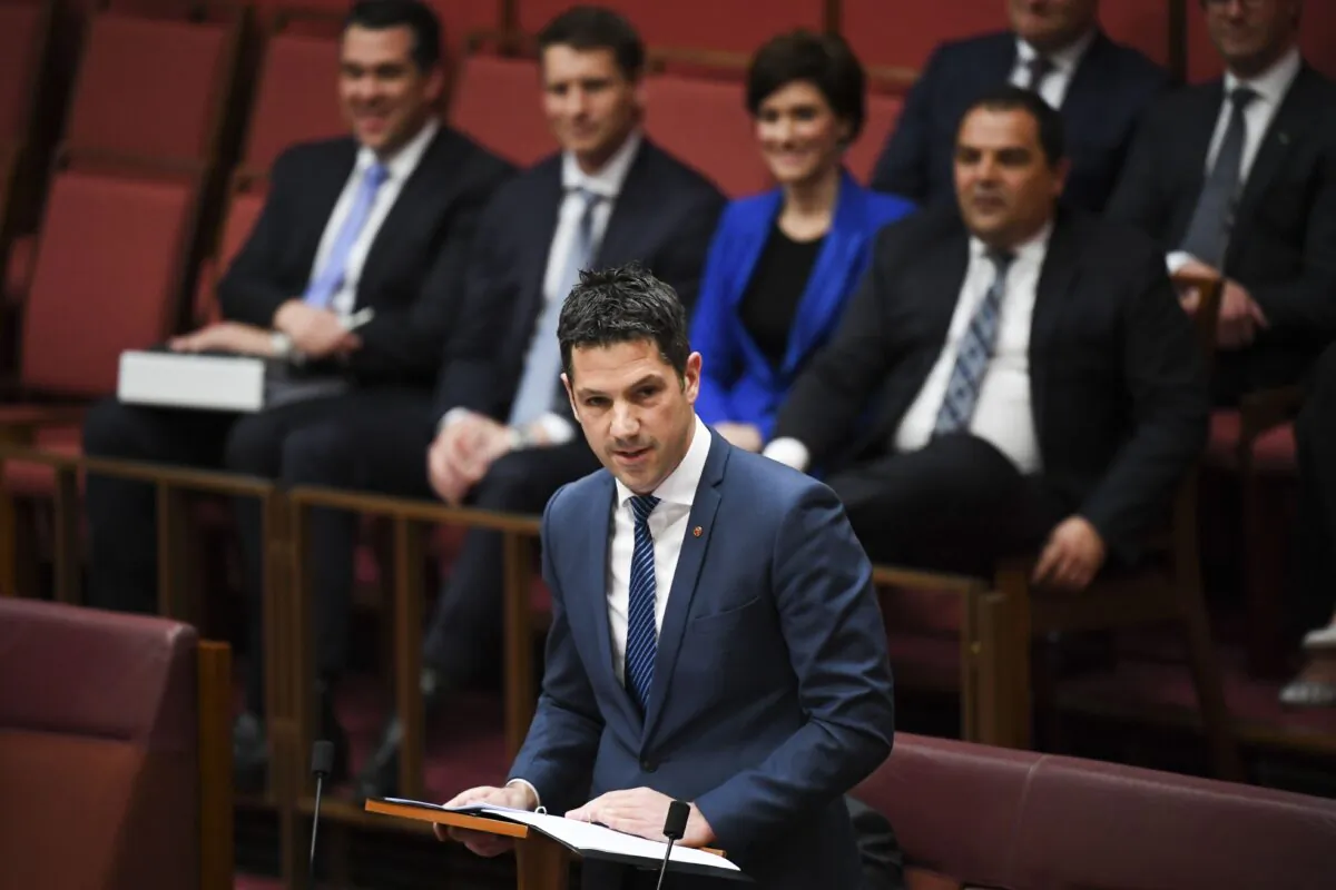 Liberal Senator for South Australia Alex Antic delivering his maiden speech in the Senate chamber at Parliament House in Canberra, Tuesday, September 17, 2019. (AAP Image/Lukas Coch) 