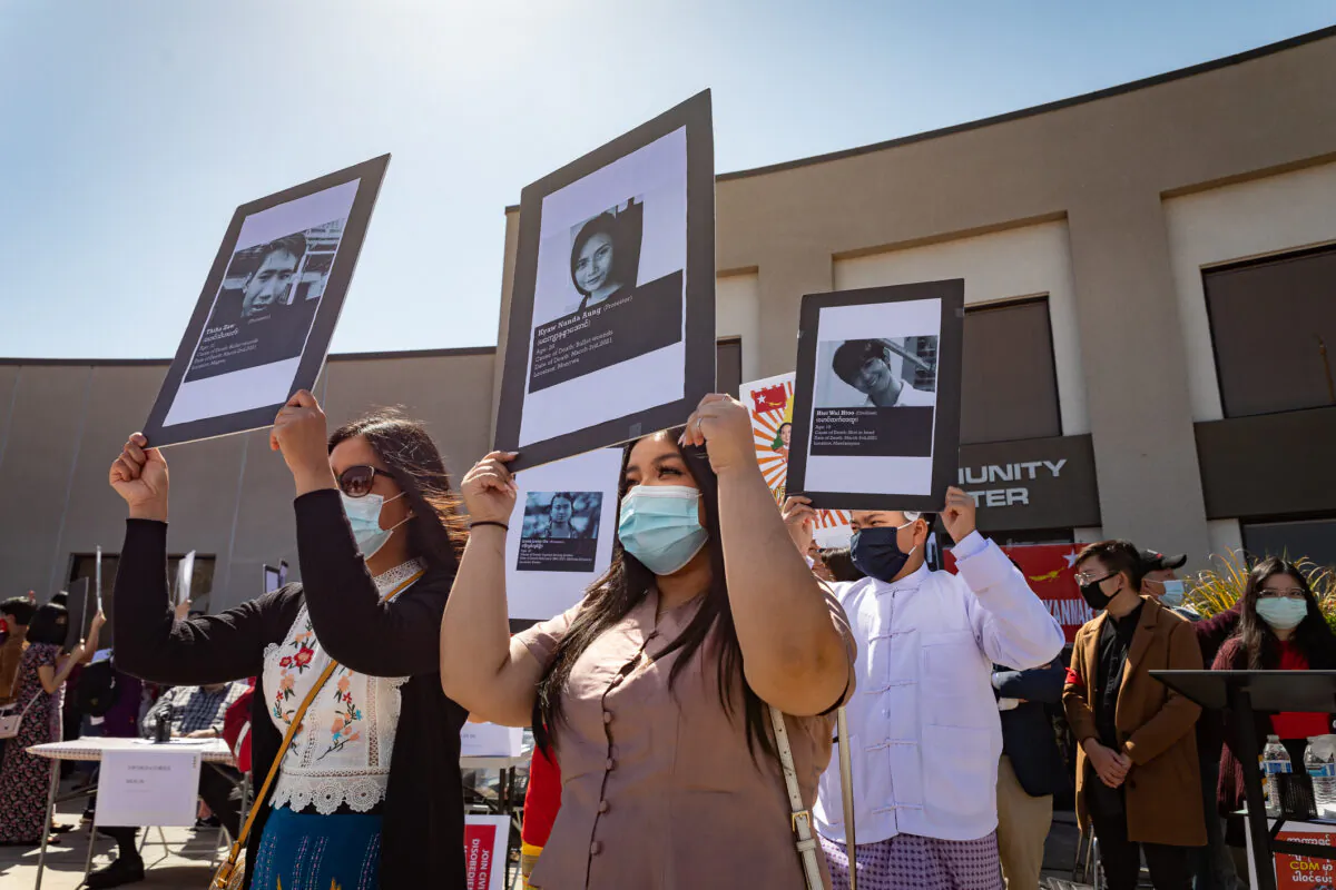 Protesters demonstrate against Burma’s military coup at a rally in Stanton, Calif., on March 20, 2021. (John Fredricks/The Epoch Times)