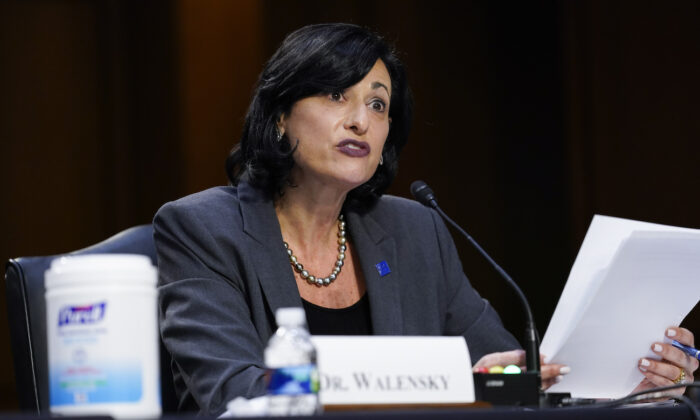 Dr. Rochelle Walensky, director of the Centers for Disease Control and Prevention, testifies during a Senate hearing on the federal COVID-19 response in Washington, on March 18, 2021. (Susan Walsh/Pool/Getty Images)