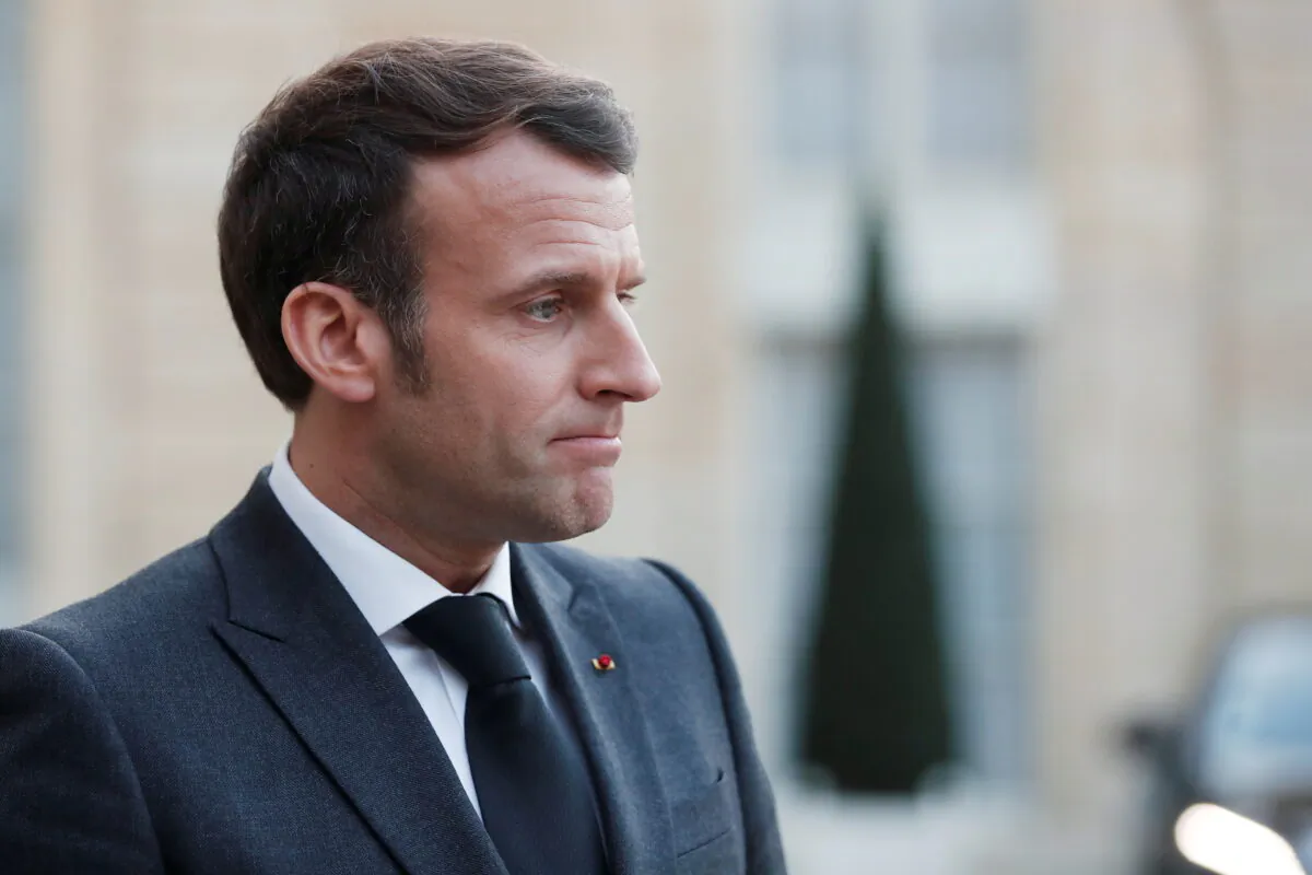 French President Emmanuel Macron, talks to the press after a meeting with Libya's interim leaders at the Elysee Palace in Paris, France, on March 23, 2021. (Benoit Tessier/Reuters)
