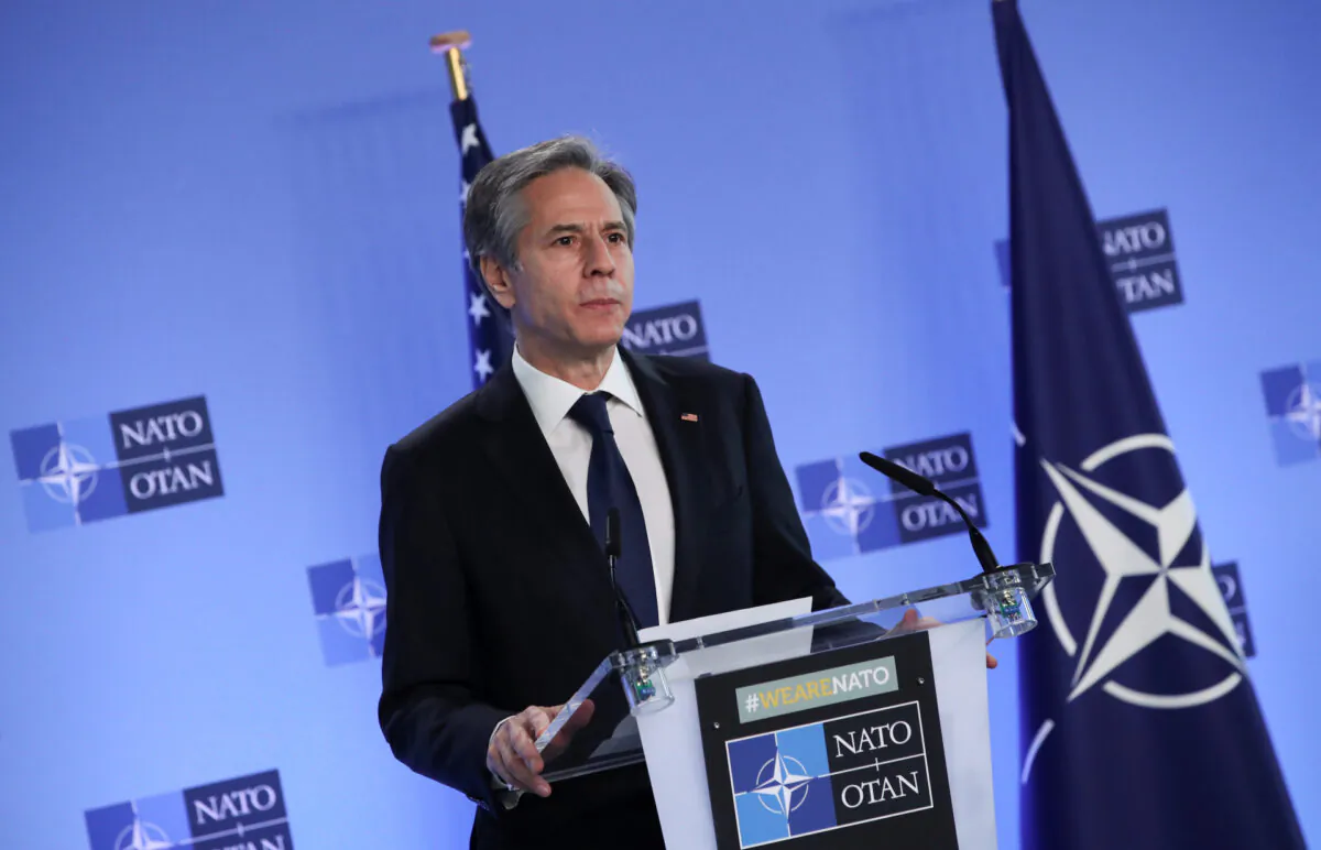 U.S. Secretary of State Antony Blinken delivers remarks during a NATO Foreign Ministers' meeting at the Alliance's headquarters in Brussels, Belgium, on March 23, 2021. (Yves Herman/Reuters/Pool)