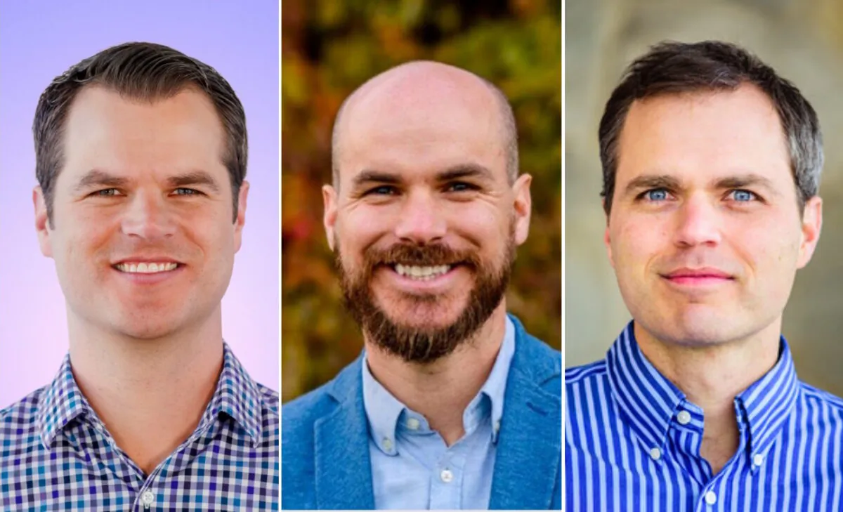 (L-R) Daniel Harmon, chief creative officer, Harmon Brothers; Jeffrey Harmon, co-founder and
chief content officer of Angel Studios; and Neal Harmon, co-founder and
CEO of Angel Studios. (Courtesy of the Harmons)