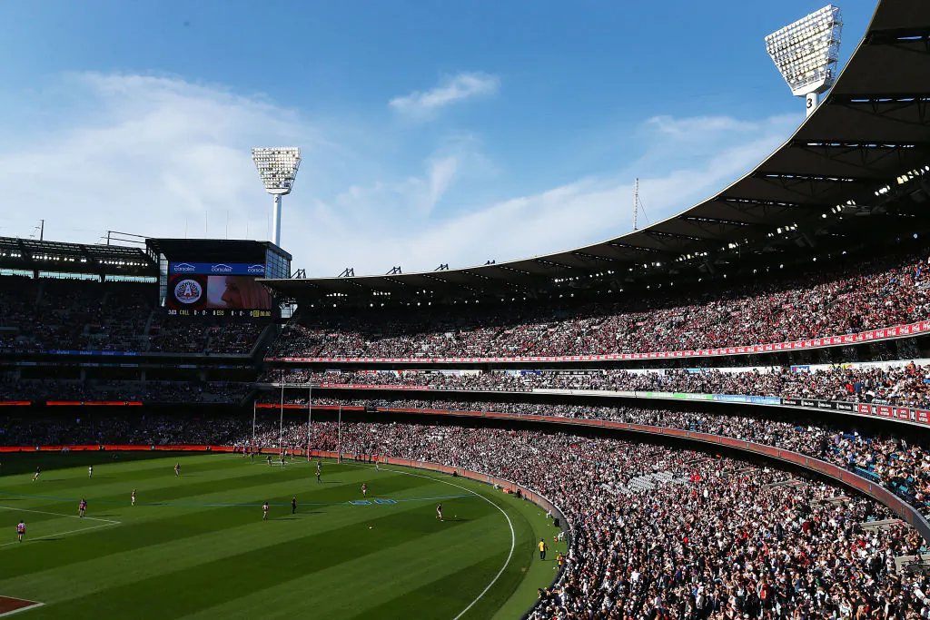 The large crowd is seen during the round five AFL match between the Collingwood Magpies and the Essendon Bombvers at Melbourne Cricket Ground on April 25, 2018 in Melbourne, Australia.  (Michael Dodge/Getty Images)