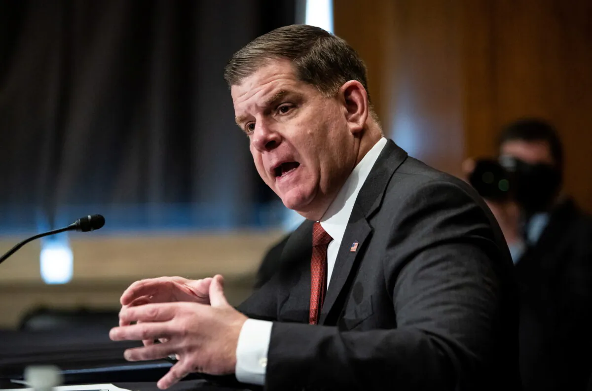 Labor secretary nominee Marty Walsh testifies during a Senate Health, Education, Labor, and Pensions Committee nomination hearing on Capitol Hill in Washington, D.C., on Feb. 4, 2021. (Graeme Jennings/Pool via Reuters)