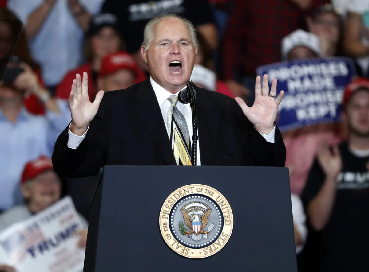 Radio personality Rush Limbaugh introduces President Donald Trump at the start of a campaign rally in Cape Girardeau, Mo., on Nov. 5, 2018. (Jeff Roberson/AP Photo)