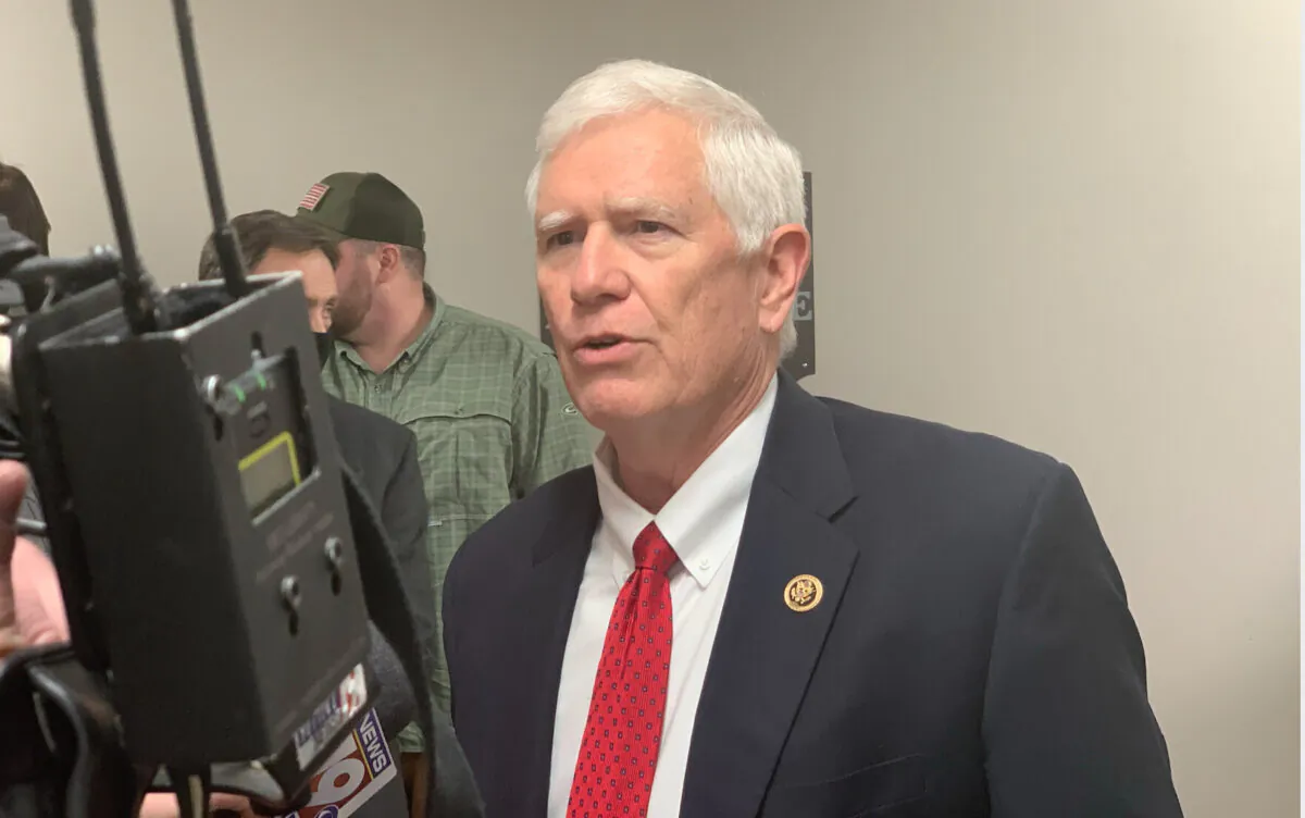 Rep. Mo Brooks (R-Ala.) speaks to the media at the Bullet and Barrel gun range before formally announcing his candidacy to represent Alabama in the U.S. Senate in Huntsville, Alabama, on March 22, 2021. (Ivan Pentchoukov/The Epoch Times)