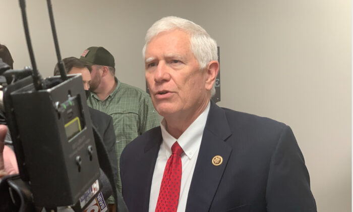 Rep. Mo Brooks (R-Ala.) speaks to the media at the Bullet and Barrel gun range before formally announcing his candidacy to represent Alabama in the U.S. Senate in Huntsville, Alabama, on March 22, 2021. (Ivan Pentchoukov/The Epoch Times)