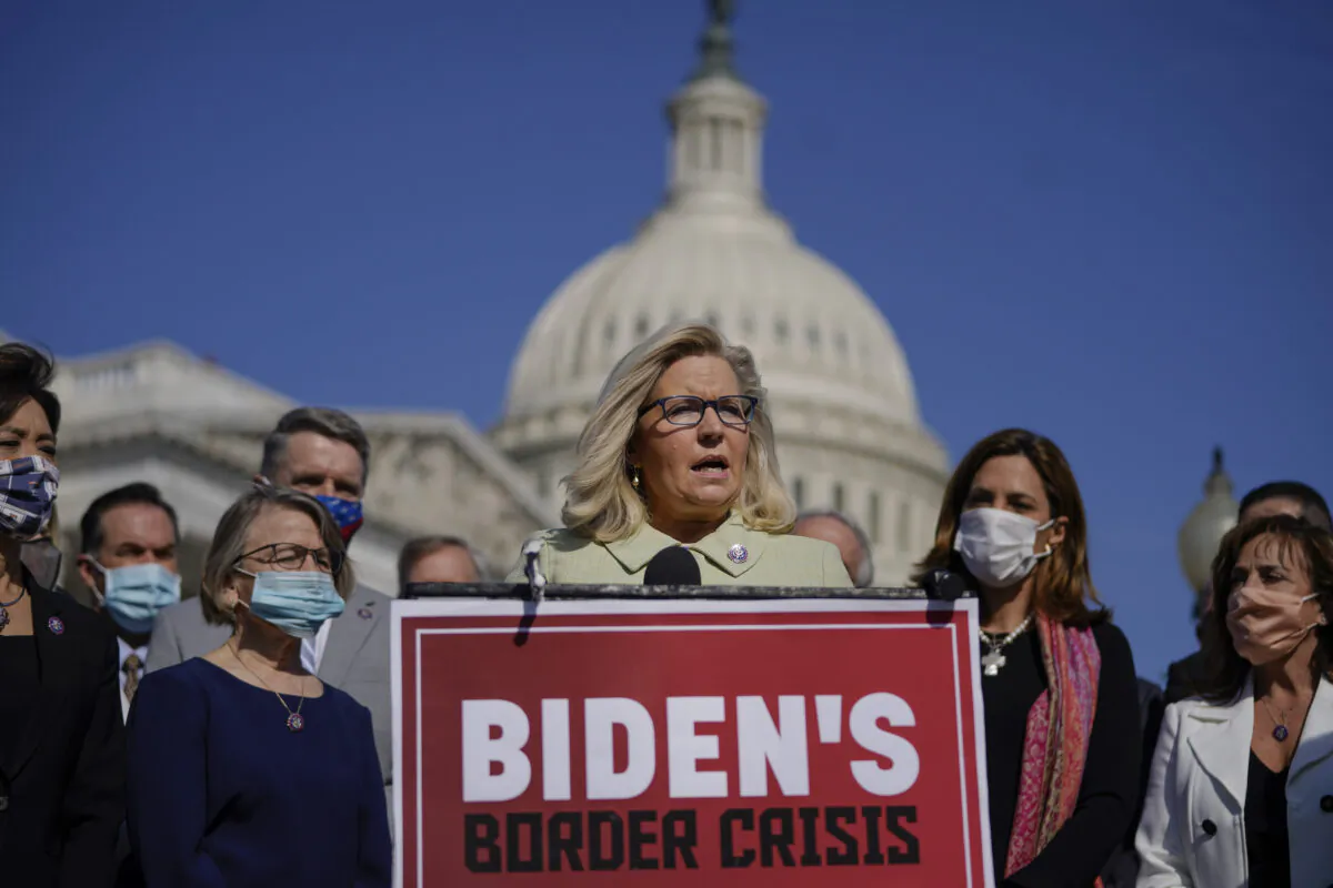 House Republican Conference Chair Rep. Liz Cheney (R-WY) speaks during a news conference outside the U.S. Capitol on March 11, 2021. (Drew Angerer/Getty Images)